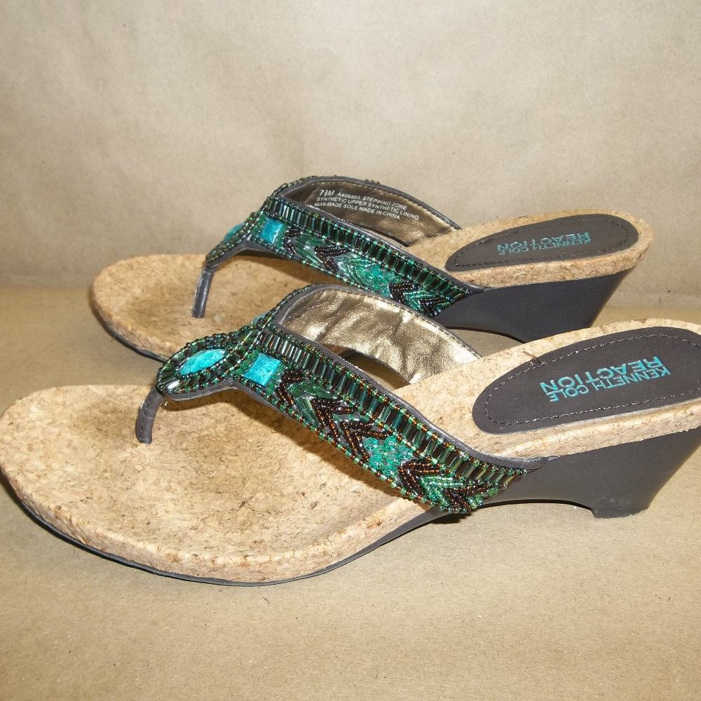 Kenneth Cole Reaction Turquoise Beaded Woven Cork Wedge Thong Sandals Shoes 7.5M